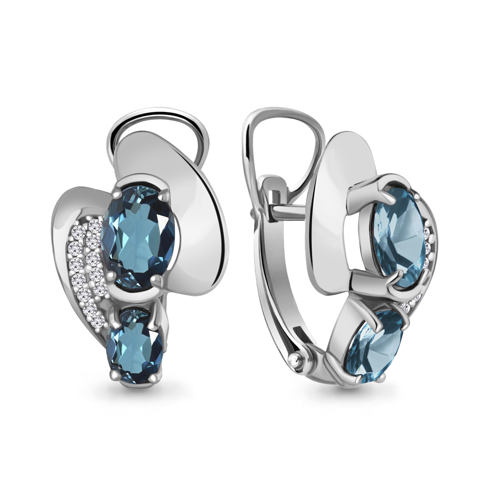 4708408А Серьги из Серебра с топазами лондон блю, фианитами