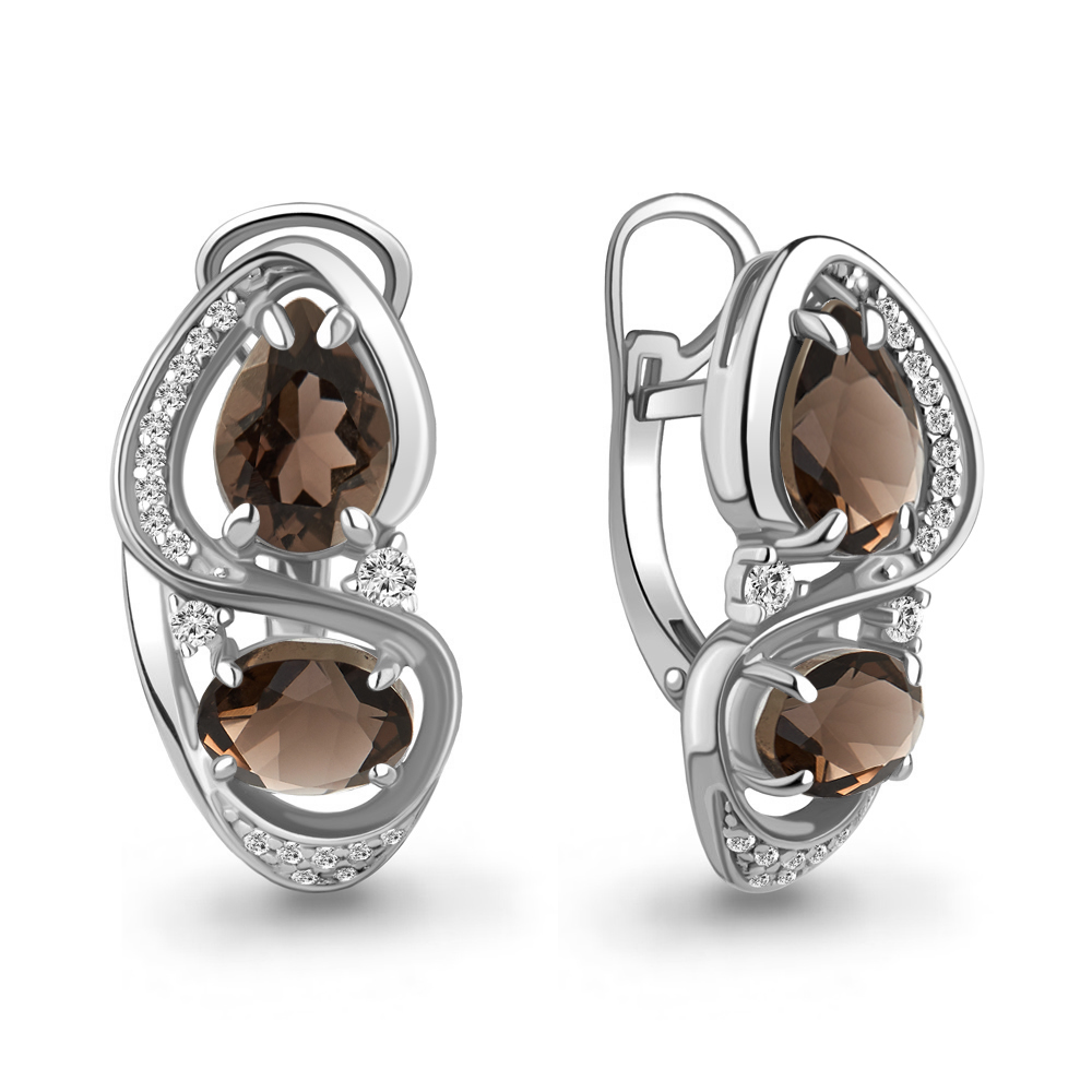 4708501А Серьги из Серебра с кварцами дымчатыми, фианитами