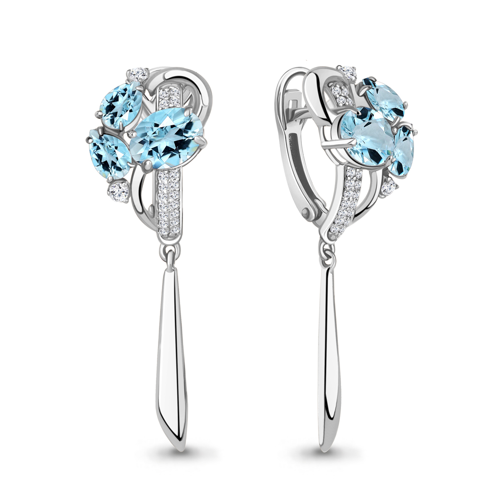 4708802А Серьги из Серебра с топазами скай блю, фианитами