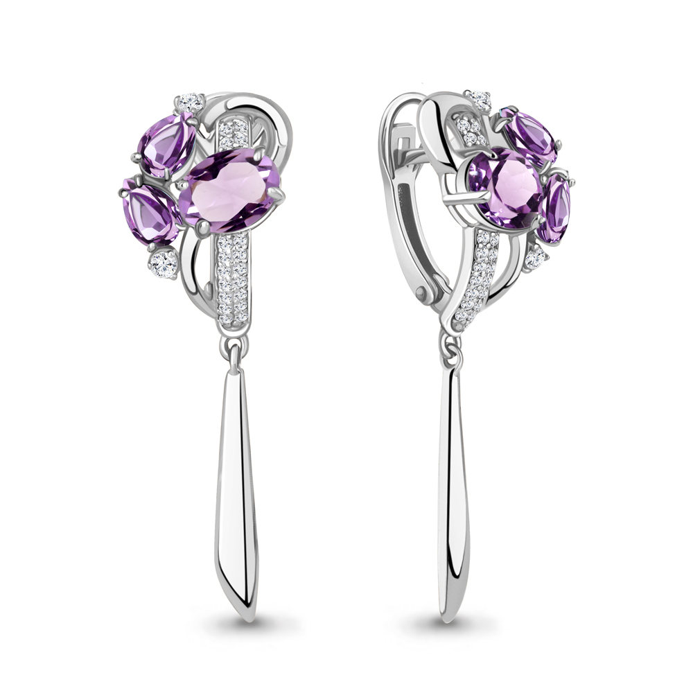 4708804А Серьги из Серебра с аметистами, фианитами