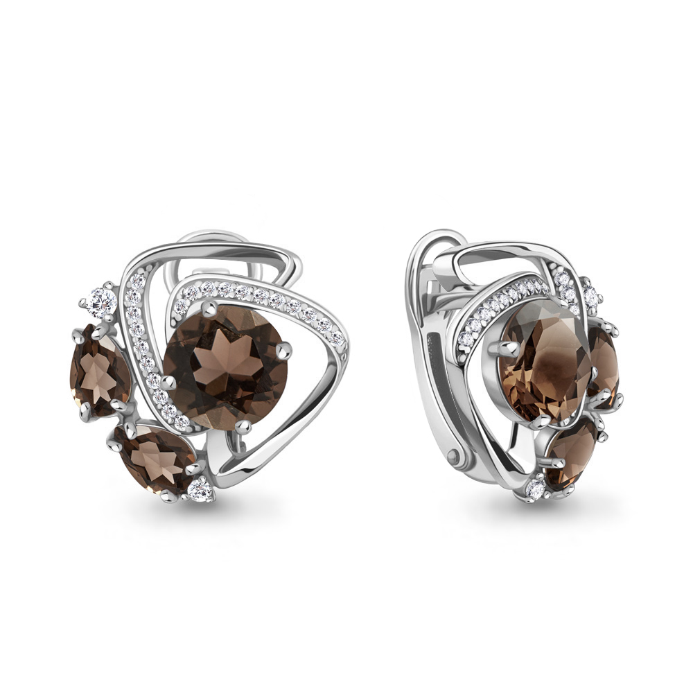 4709001А Серьги из Серебра с кварцами дымчатыми, фианитами