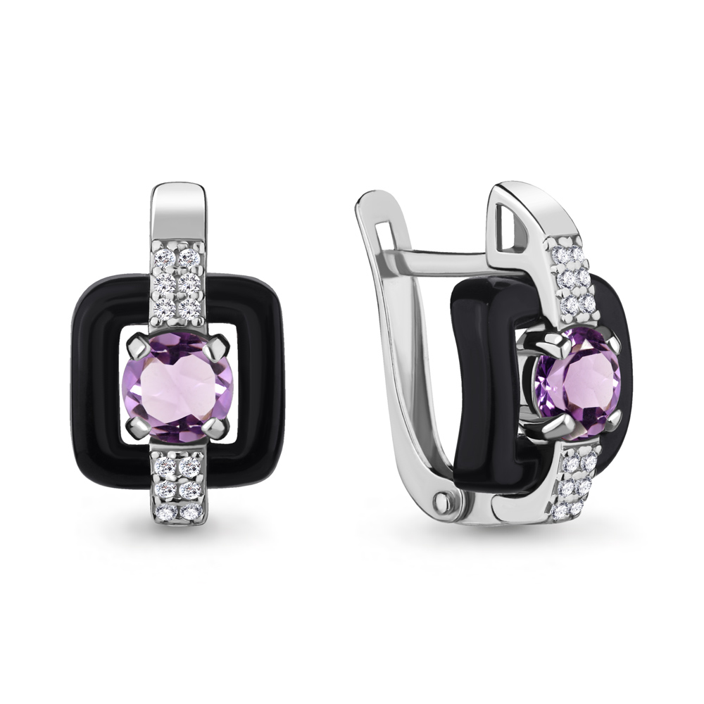 4711304А Серьги из Серебра с аметистами, керамическим покрытием, фианитами из коллекции "Neo"