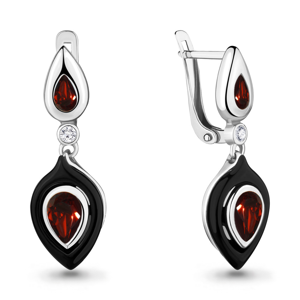 4712403А Серьги из Серебра с гранатами, керамическим покрытием, фианитами из коллекции "Neo"