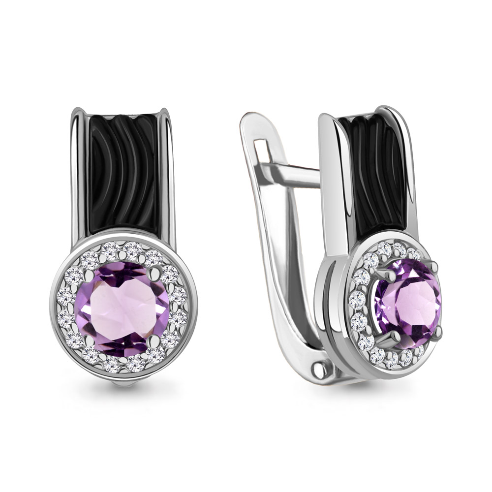 4712604А Серьги из Серебра с аметистами, керамическим покрытием, фианитами из коллекции "Neo"
