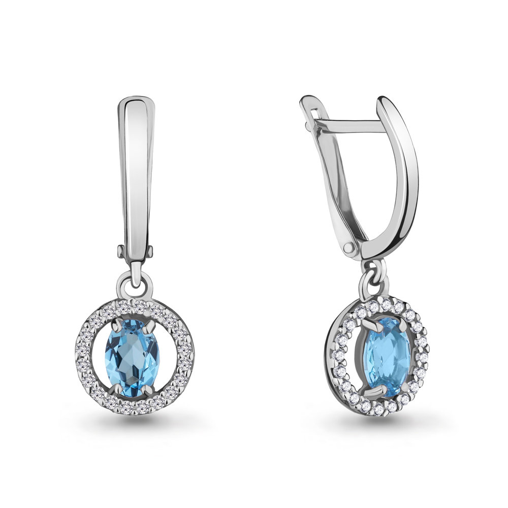 4713205А Серьги из Серебра с топазами свисс блю, фианитами