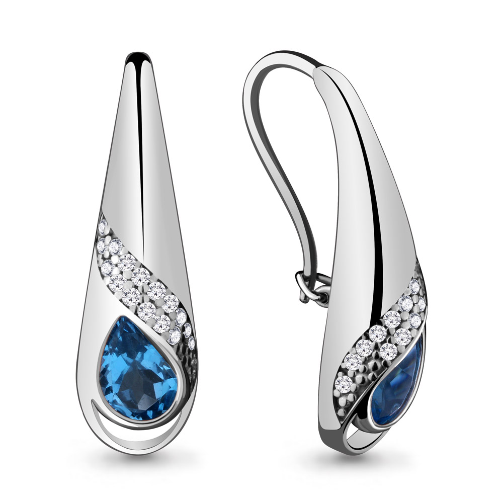 4720705А Серьги из Серебра с топазами свисс блю, фианитами