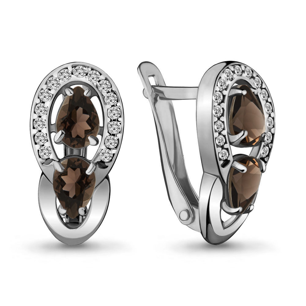 4720901А Серьги из Серебра с кварцами дымчатыми, фианитами