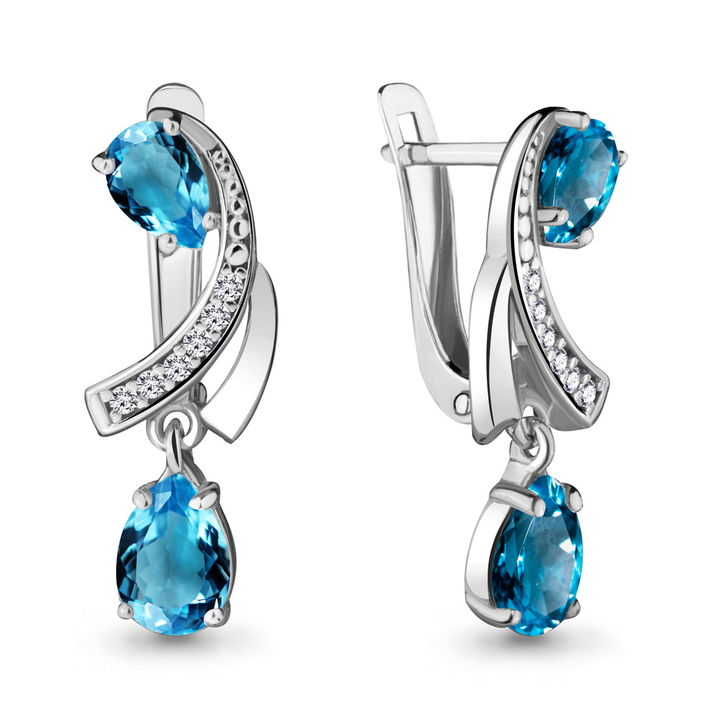 4721108А Серьги из Серебра с топазами лондон блю, фианитами