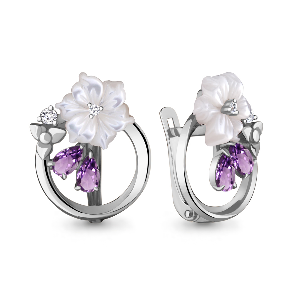 4730804А Серьги из Серебра с аметистами, поделочными камнями, фианитами из коллекции "Жозефина"