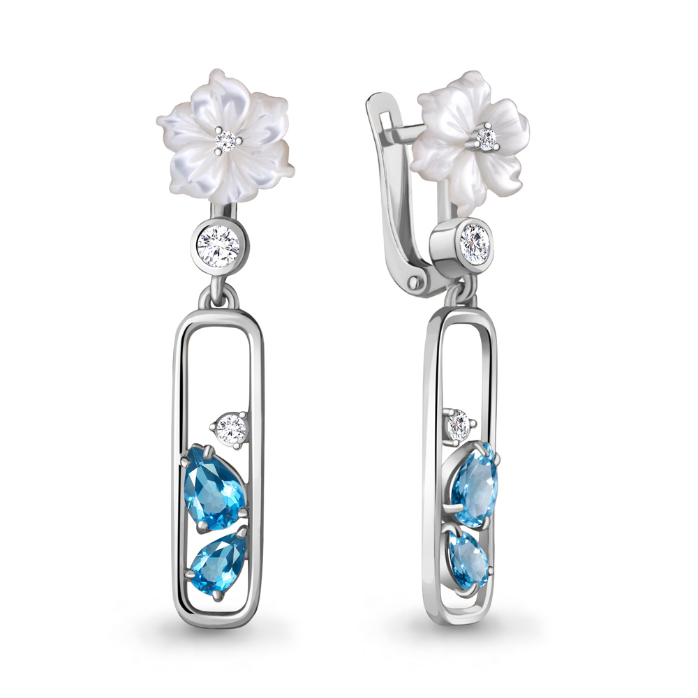 4730905А Серьги из Серебра с поделочными камнями, топазами свисс блю, фианитами из коллекции "Жозефина"