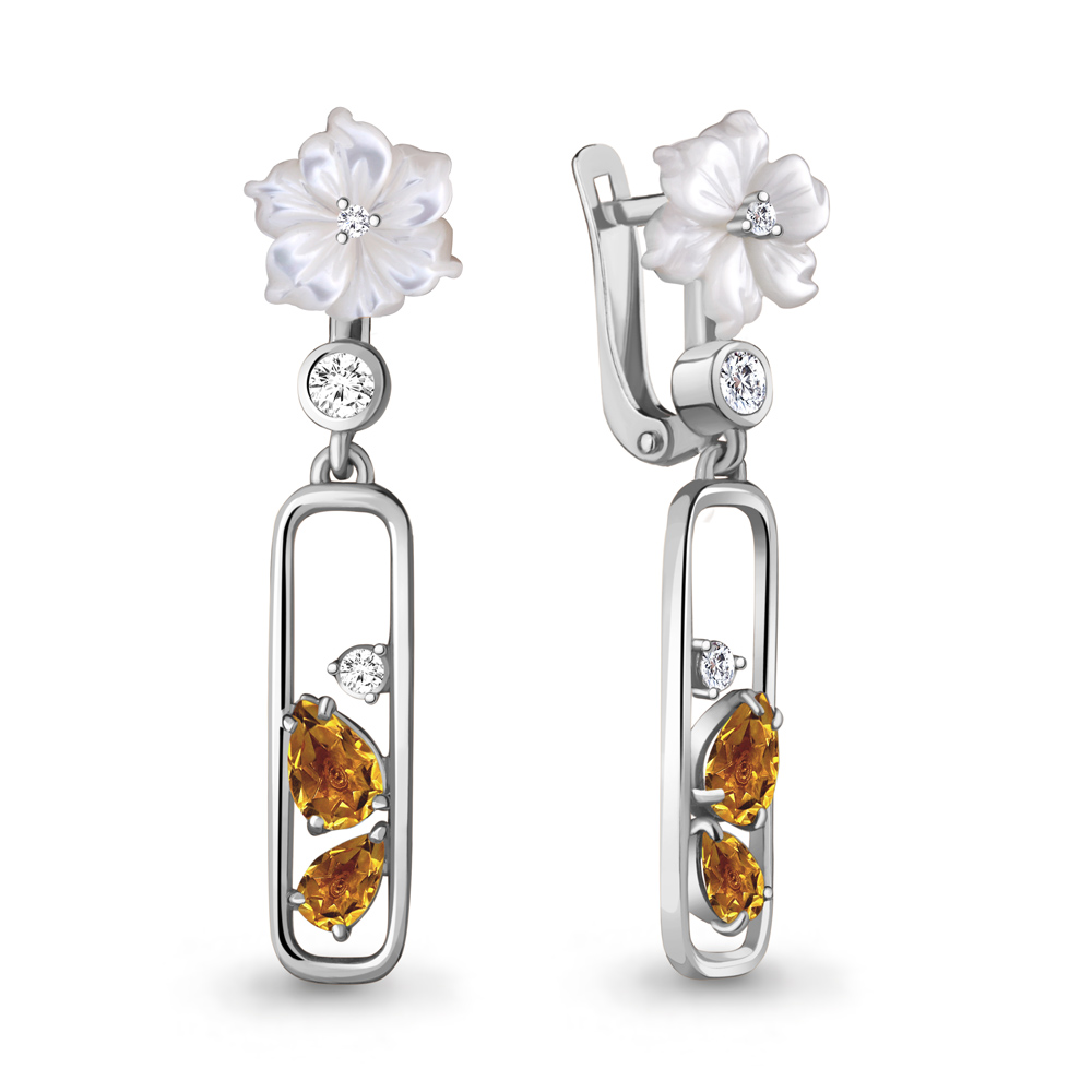 4730906А Серьги из Серебра с поделочными камнями, фианитами, цитринами из коллекции "Жозефина"