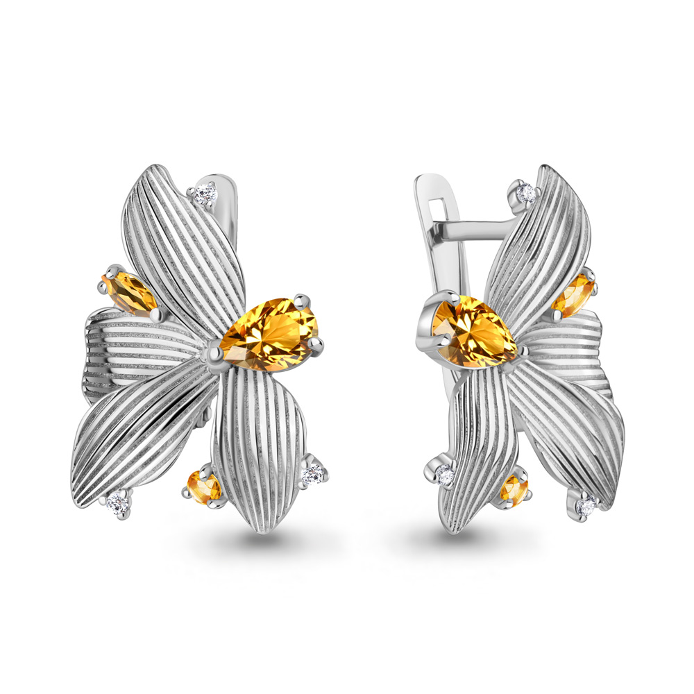 4740406А Серьги из Серебра с фианитами, цитринами