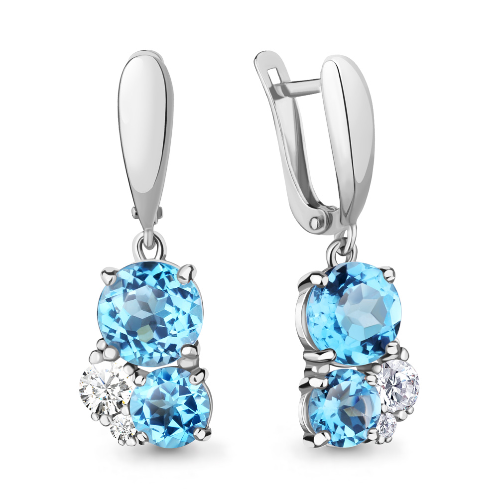 4743205А Серьги из Серебра с топазами свисс блю, фианитами
