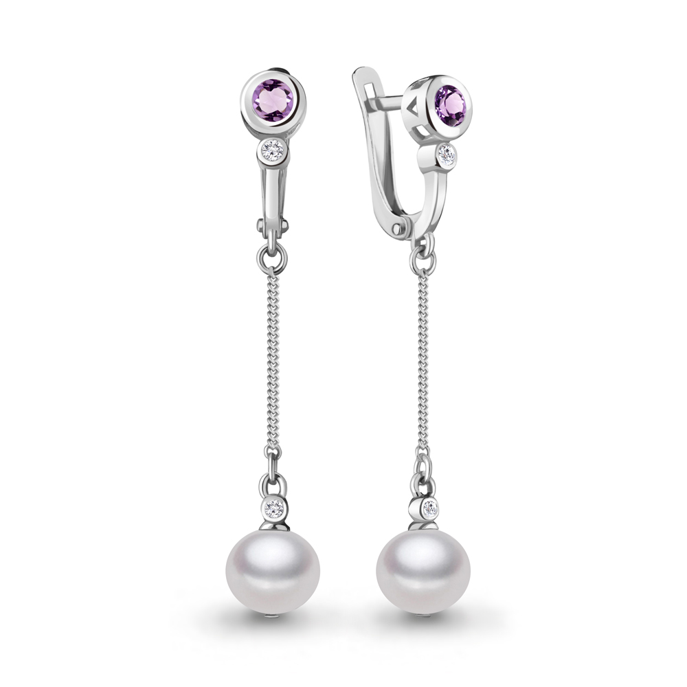4744504 Серьги из Серебра с аметистами, культ. жемчугом  аа, стёклами
