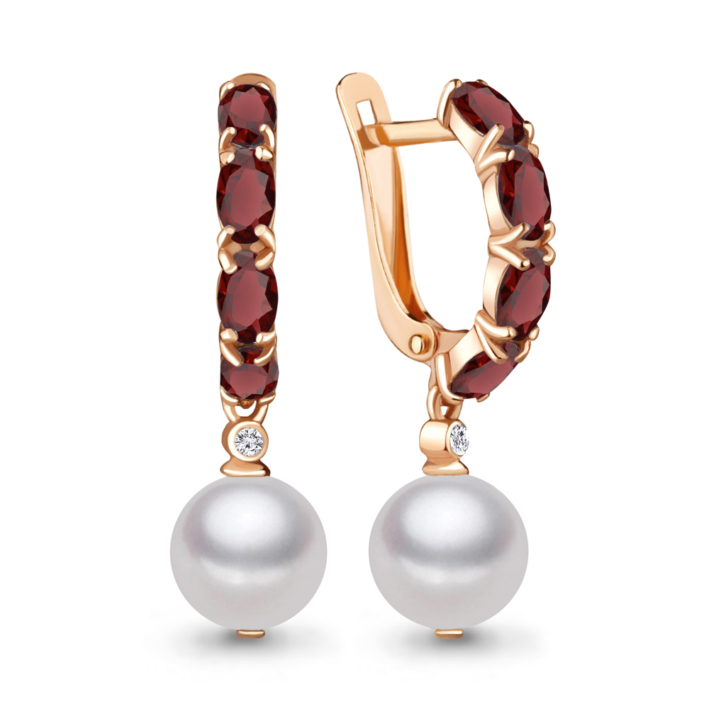 4745203 Серьги из Золота с гранатами, культ. жемчугом  аа, стёклами