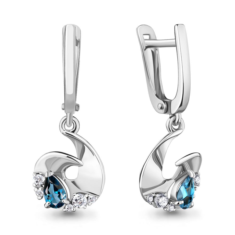 4746108А Серьги из Серебра с топазами лондон блю, фианитами