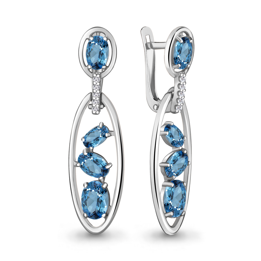 4757905А Серьги из Серебра с топазами свисс блю, фианитами