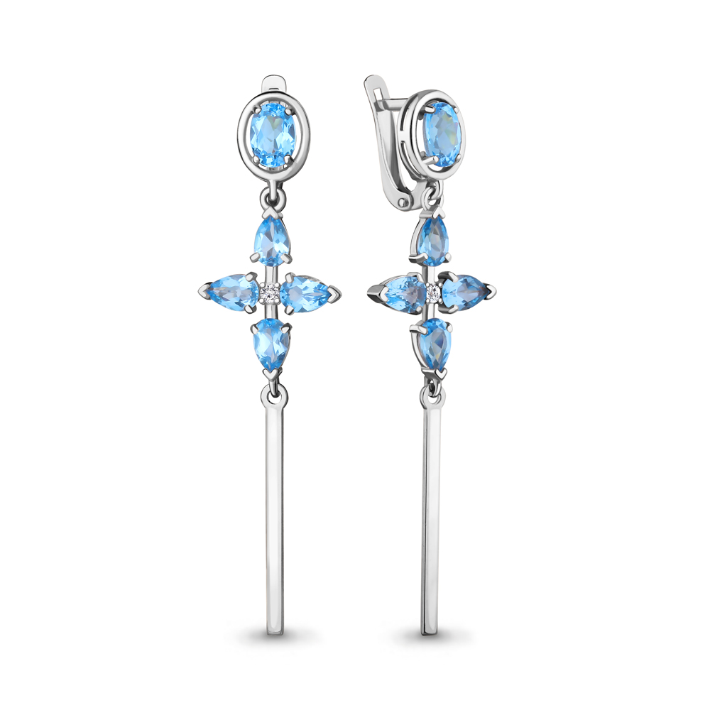 4758305А Серьги из Серебра с топазами свисс блю, фианитами