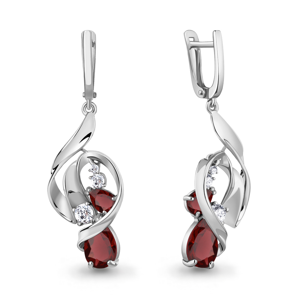 4760503А Серьги из Серебра с гранатами, фианитами