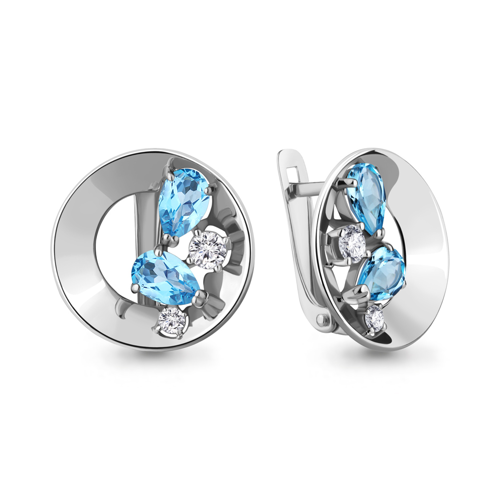4761305А Серьги из Серебра с топазами свисс блю, фианитами