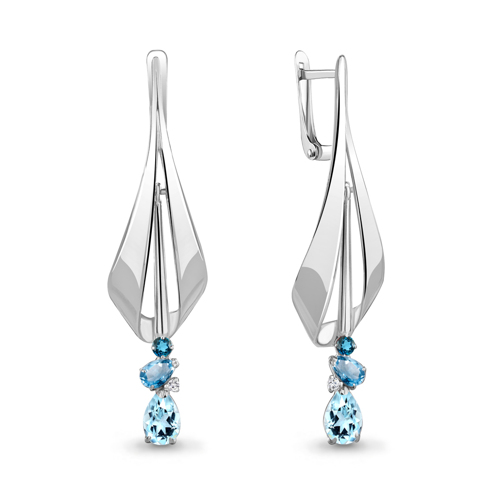 4761666А Серьги из Серебра с топазами лондон блю, топазами свисс блю, топазами скай блю, фианитами