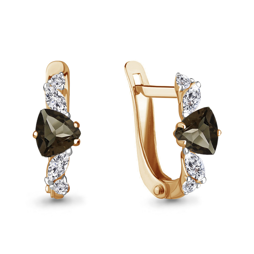4762301А Серьги из Золота с кварцами дымчатыми, фианитами