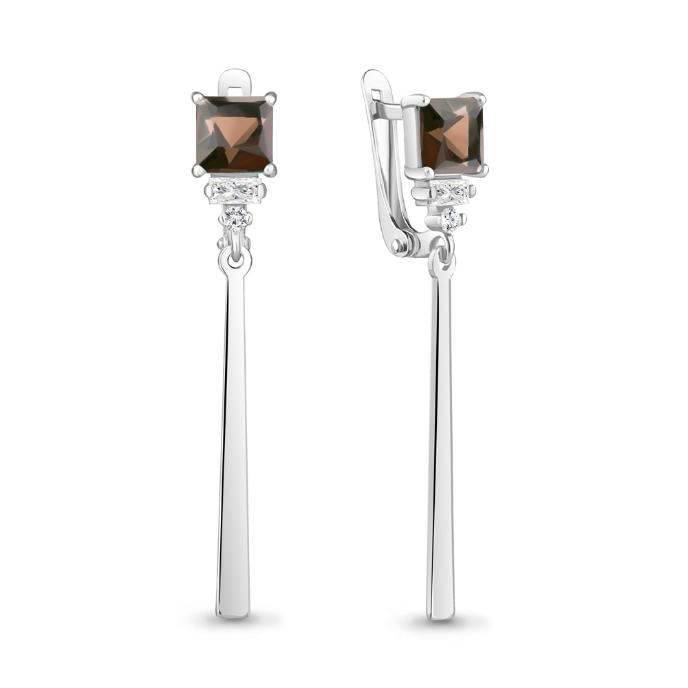 4762701А Серьги из Серебра с кварцами дымчатыми, фианитами