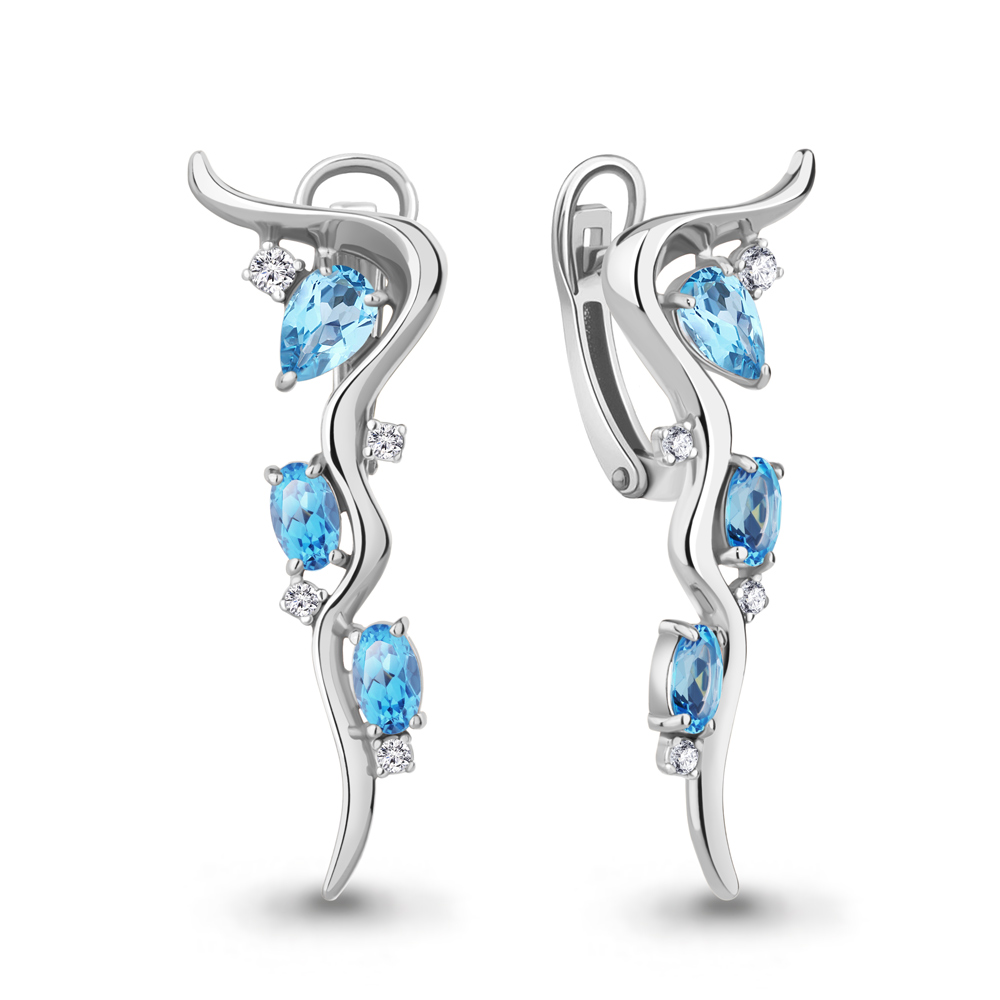 4765805А Серьги из Серебра с топазами свисс блю, фианитами