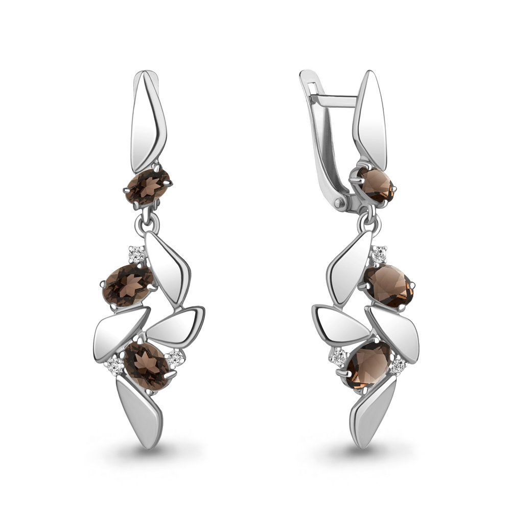 4766401А Серьги из Серебра с кварцами дымчатыми, фианитами