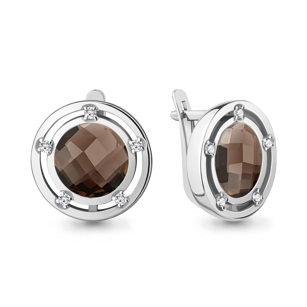 4771601А Серьги из Серебра с кварцами дымчатыми, фианитами