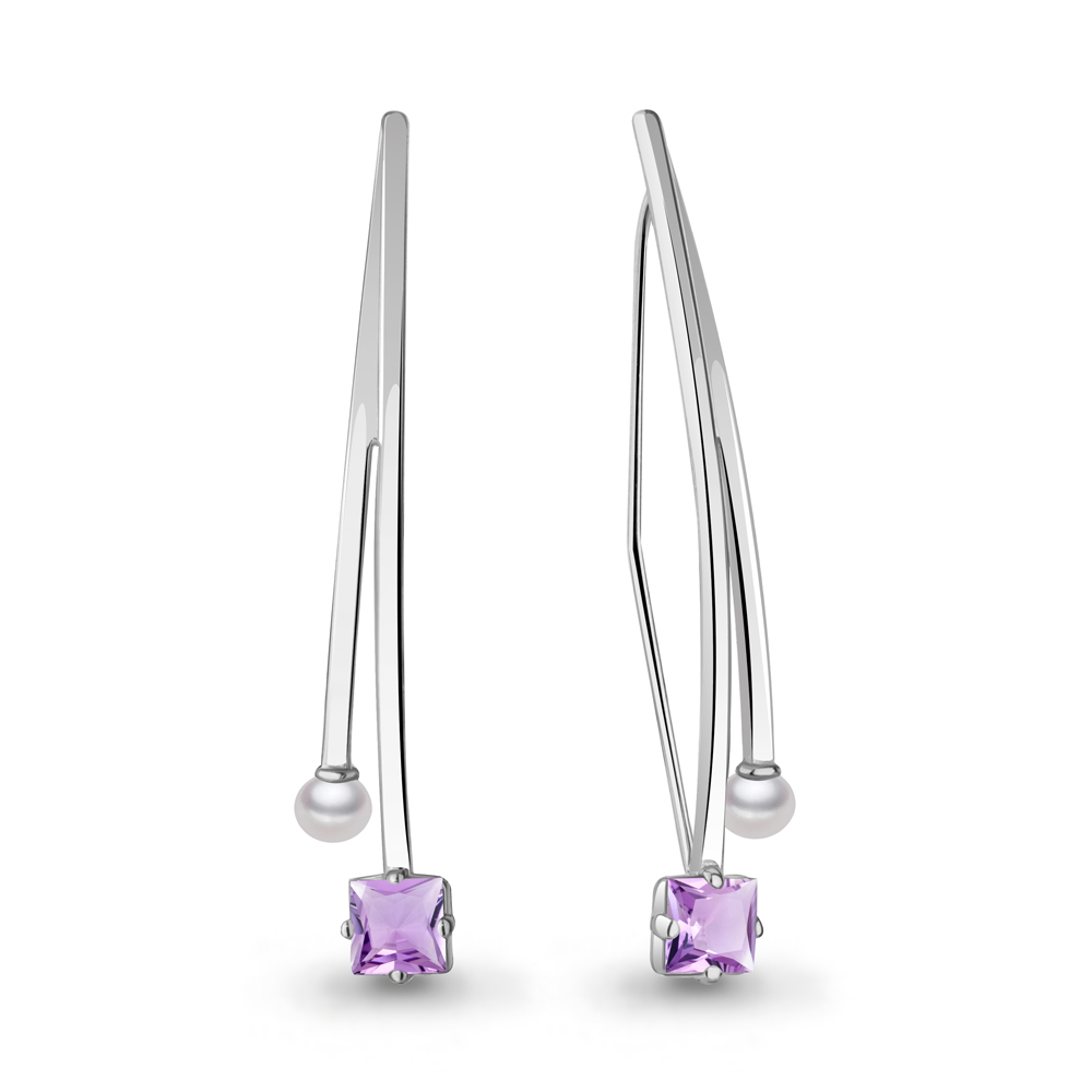4772304 Серьги из Серебра с аметистами, культ. жемчугом  ааа