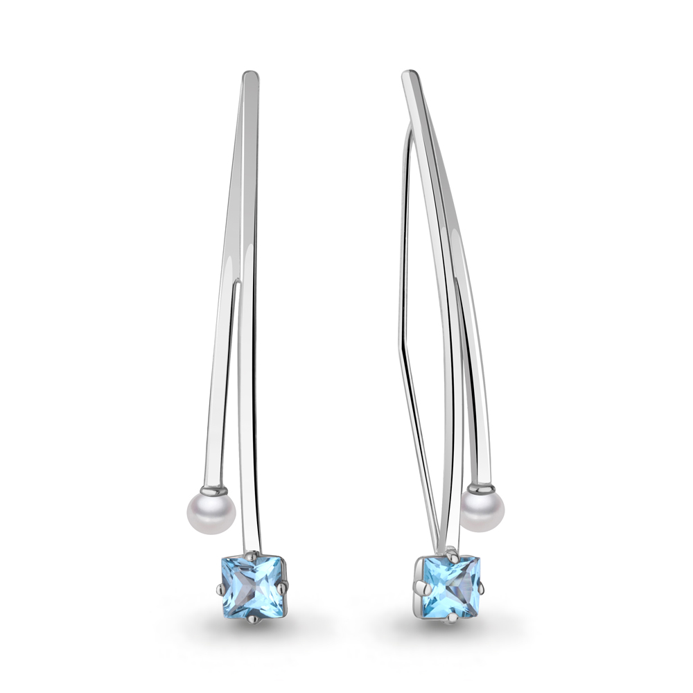 4772305 Серьги из Серебра с культ. жемчугом  ааа, топазами свисс блю