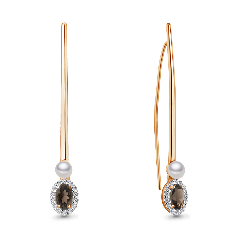 4772401А Серьги из Золота с кварцами дымчатыми, культ. жемчугом  ааа, фианитами