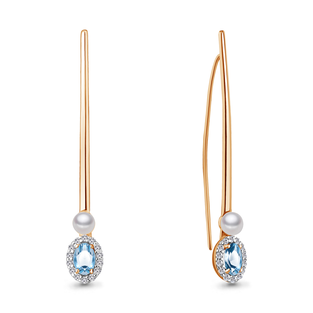 4772405А Серьги из Золота с культ. жемчугом  ааа, топазами свисс блю, фианитами