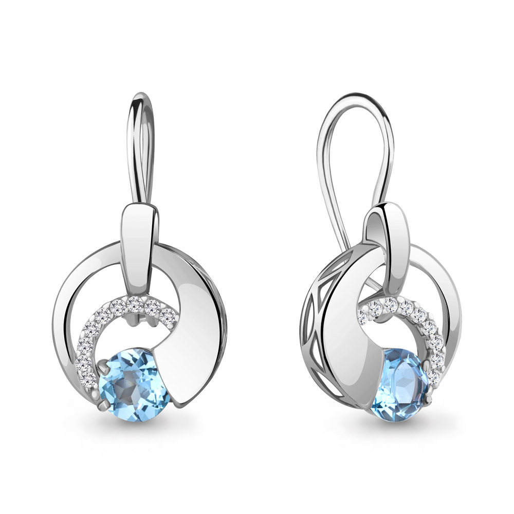 4774405А Серьги из Серебра с топазами свисс блю, фианитами