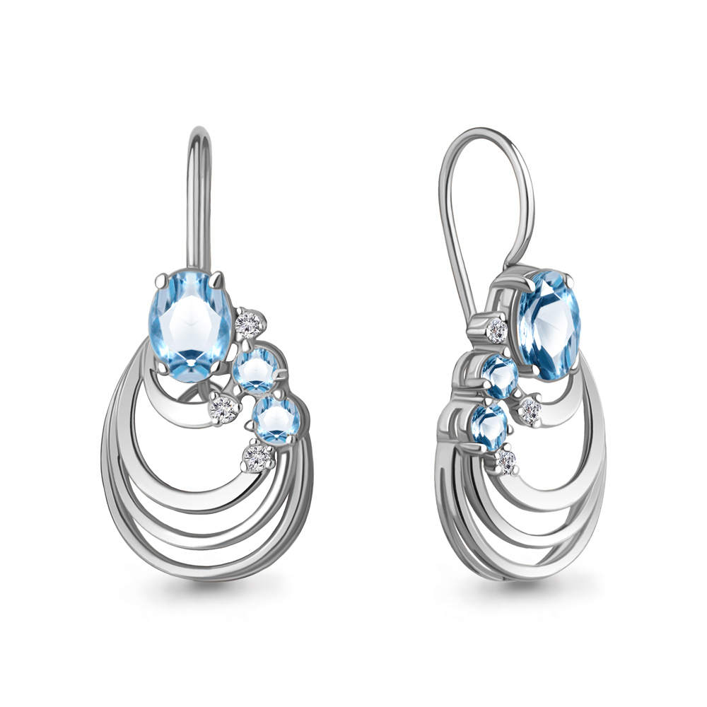 4774505А Серьги из Серебра с топазами свисс блю, фианитами