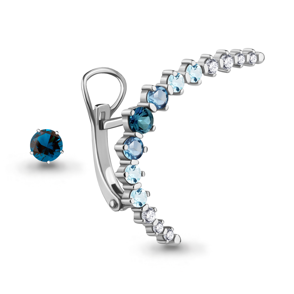 4778166А Серьги из Серебра с топазами лондон блю, топазами свисс блю, топазами скай блю, фианитами
