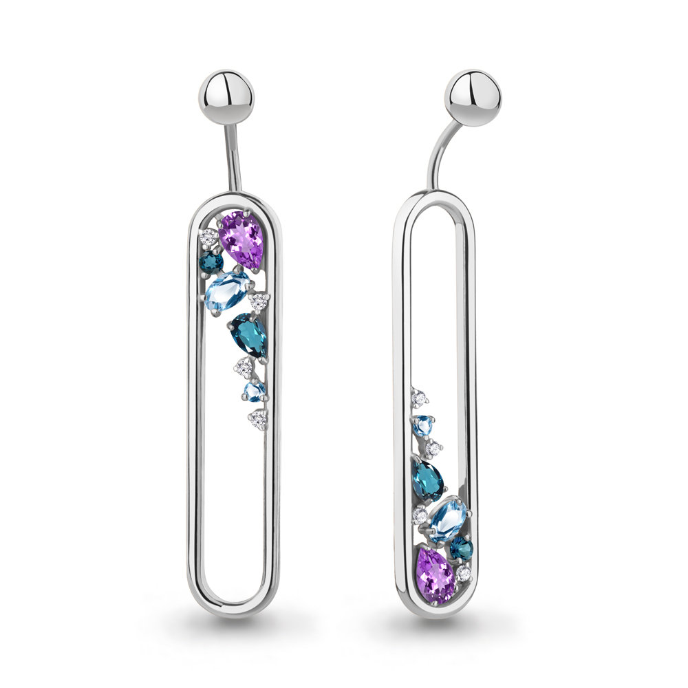 4778541А Серьги из Серебра с аметистами, топазами лондон блю, топазами свисс блю, фианитами