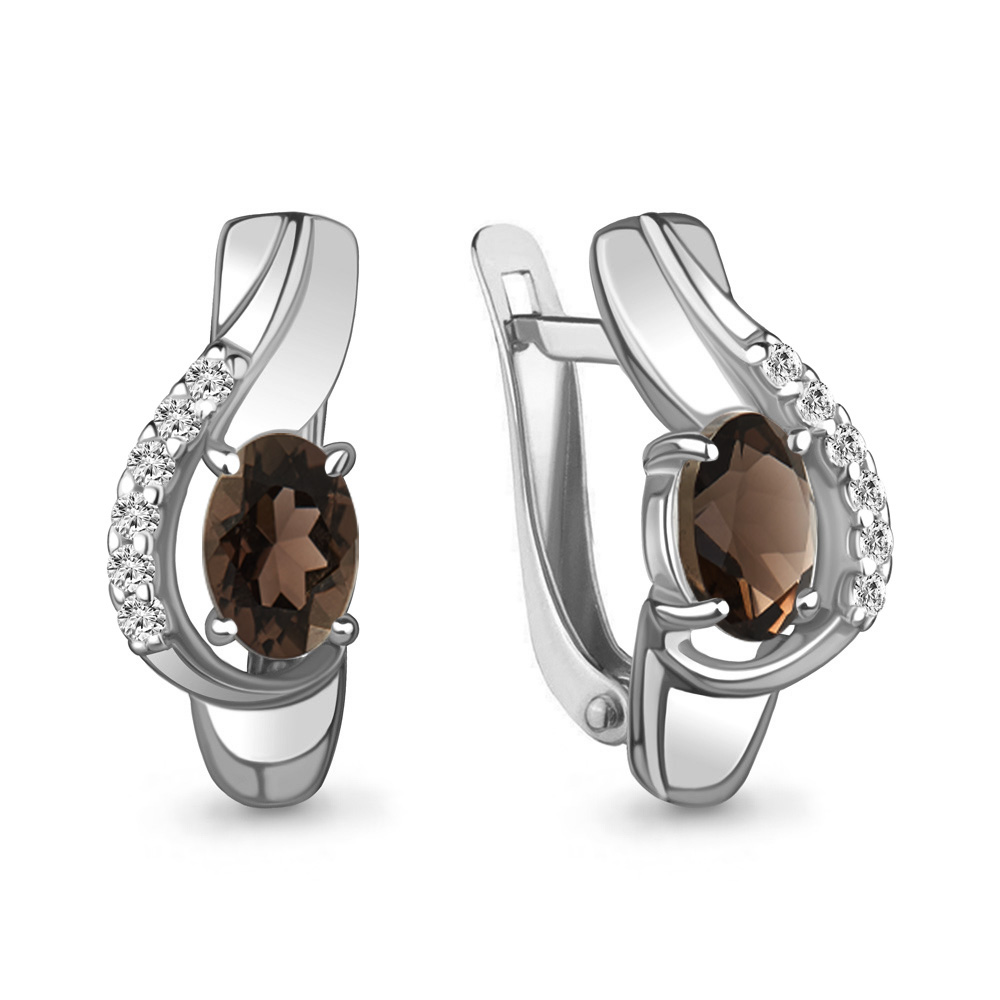4780001А Серьги из Серебра с кварцами дымчатыми, фианитами