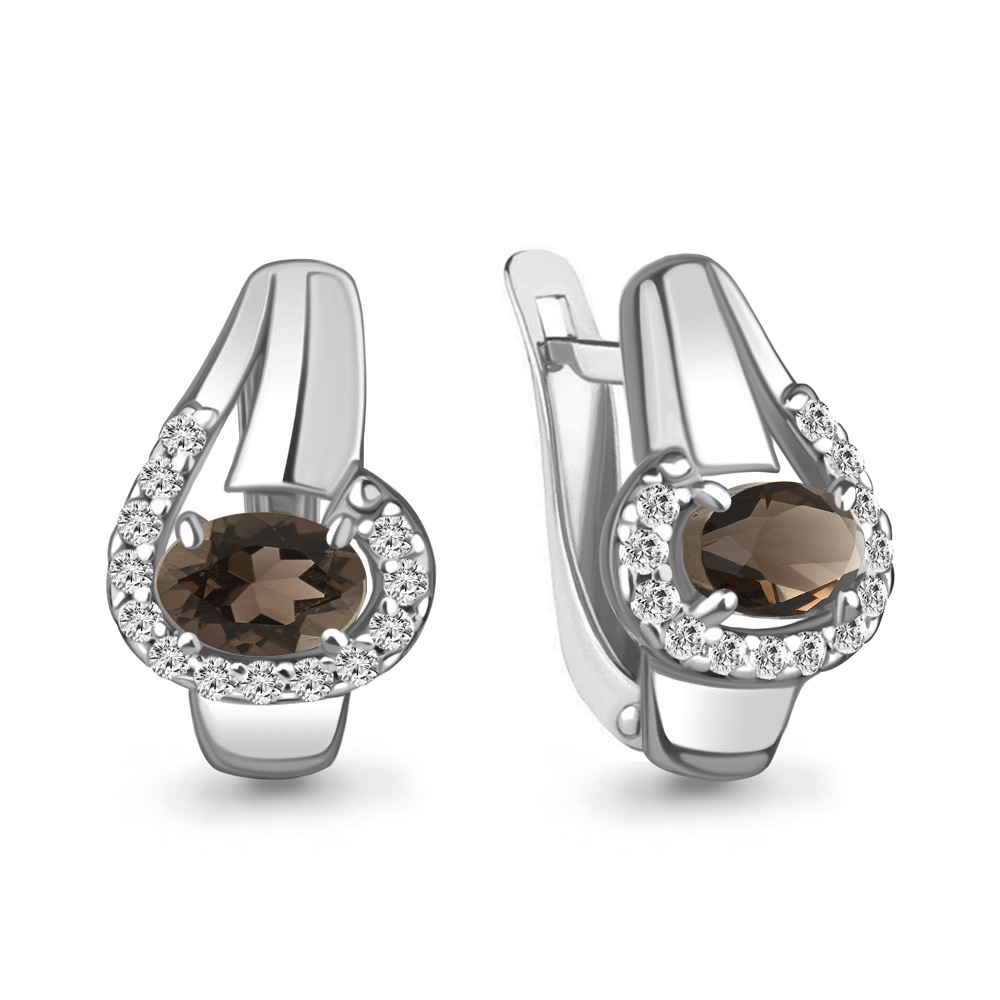 4780301А Серьги из Серебра с кварцами дымчатыми, фианитами