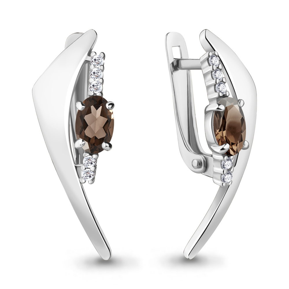4781101А Серьги из Серебра с кварцами дымчатыми, фианитами