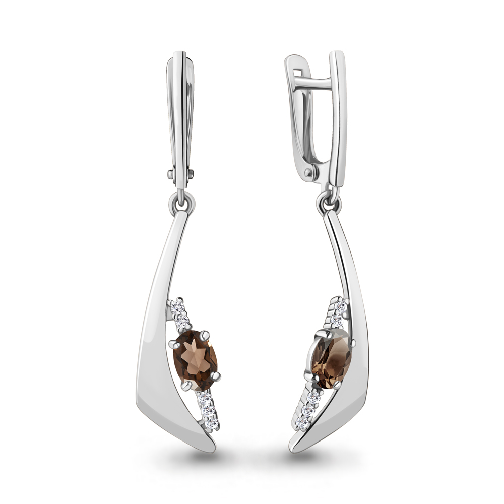 4781201А Серьги из Серебра с кварцами дымчатыми, фианитами
