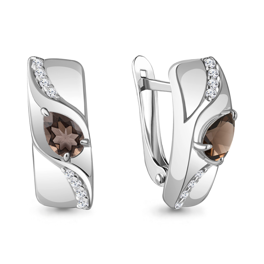 4781301А Серьги из Серебра с кварцами дымчатыми, фианитами