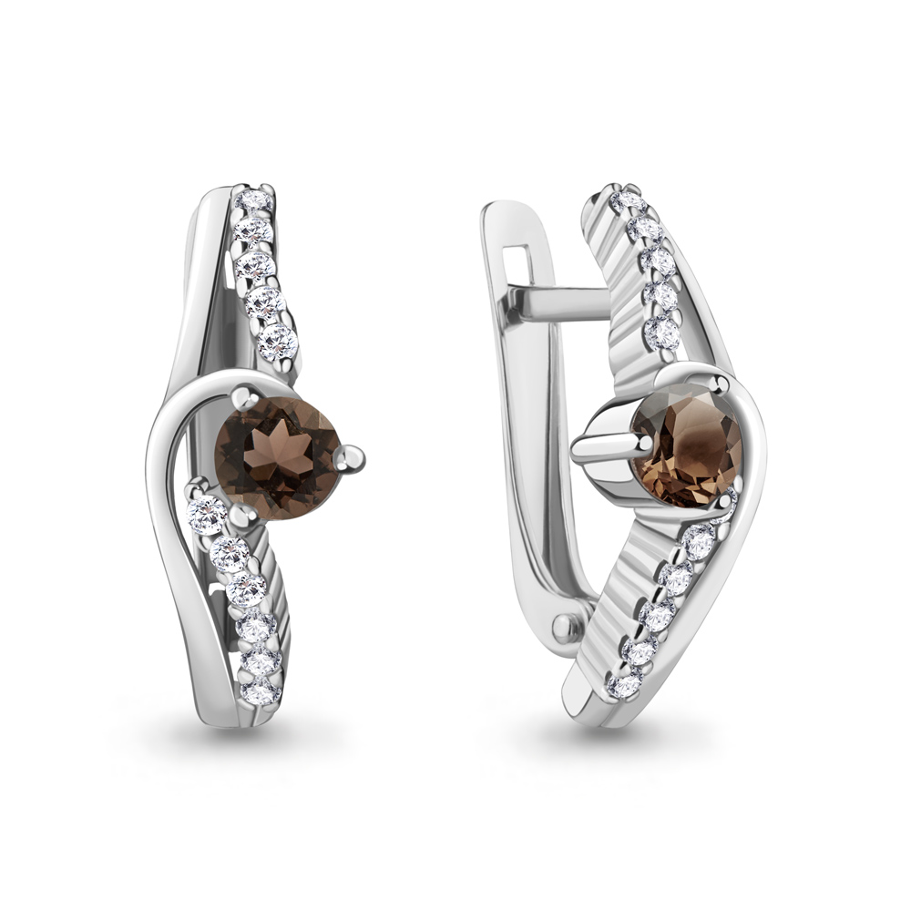 4781701А Серьги из Серебра с кварцами дымчатыми, фианитами