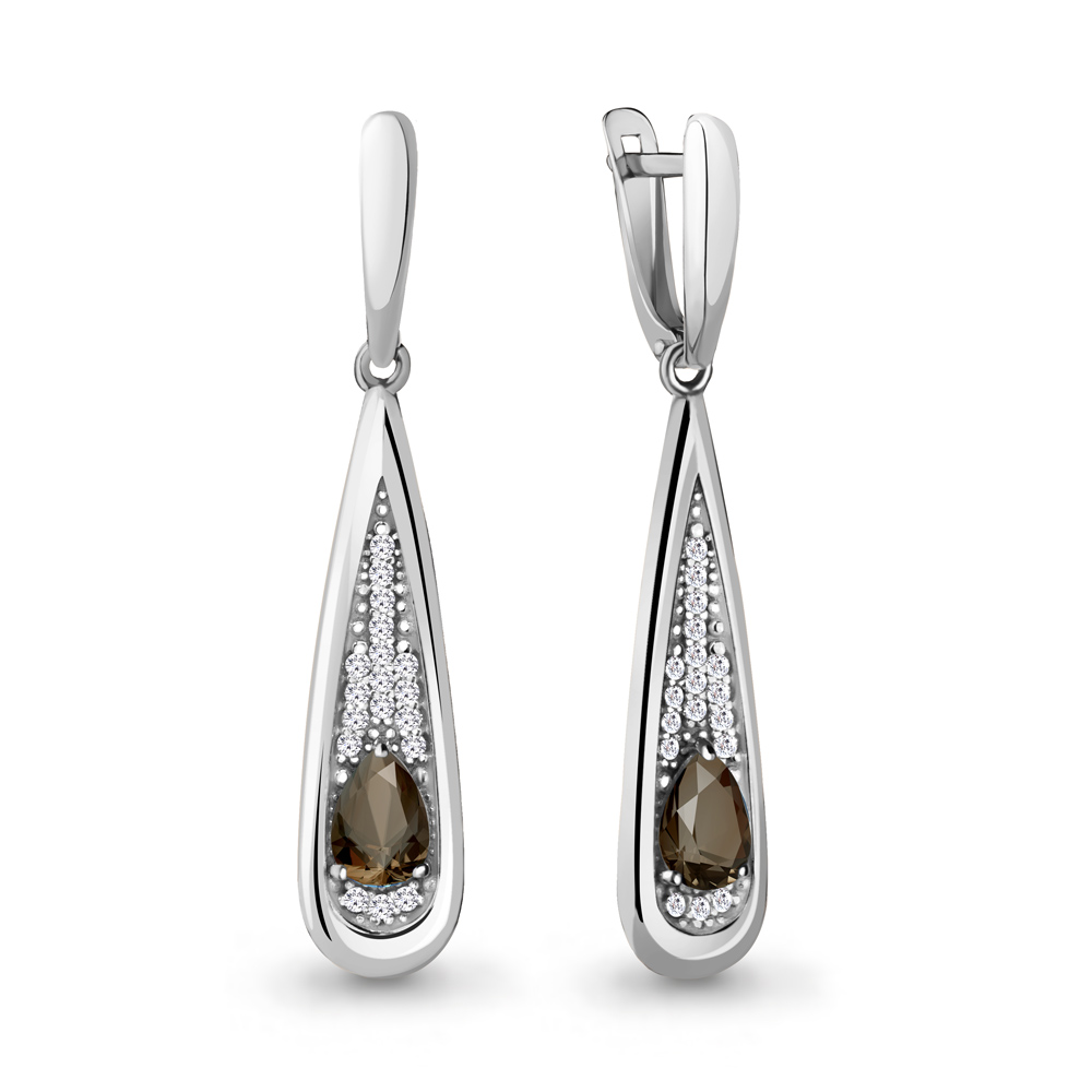 4783001А Серьги из Серебра с кварцами дымчатыми, фианитами