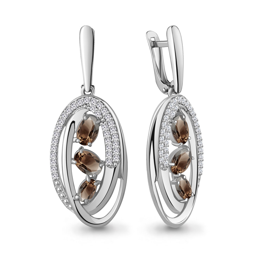 4784401А Серьги из Серебра с кварцами дымчатыми, фианитами