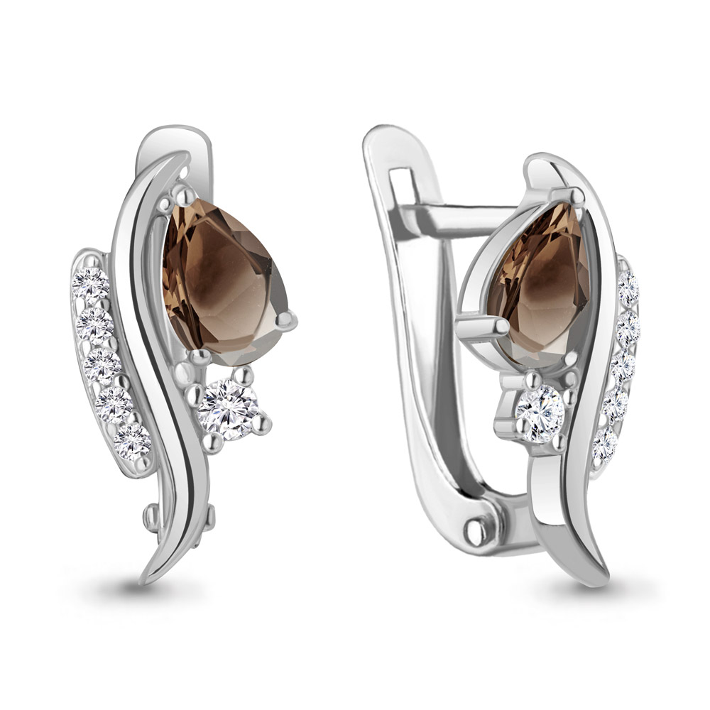 4791001А Серьги из Серебра с кварцами дымчатыми, фианитами