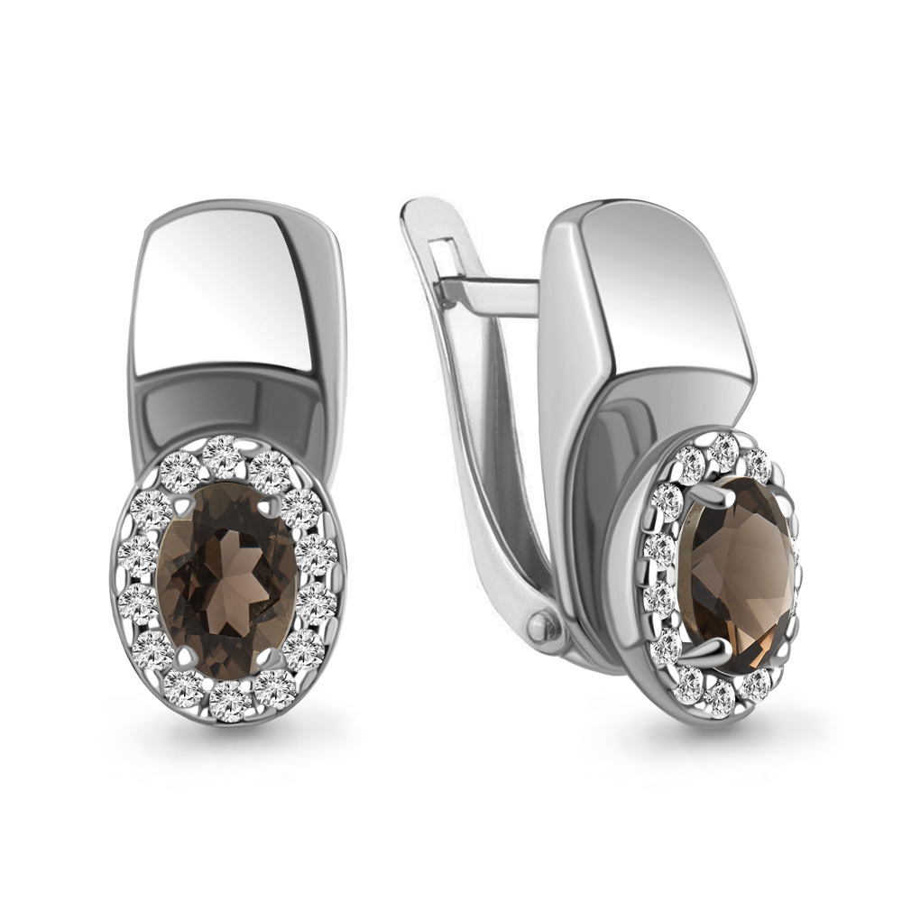 4792201А Серьги из Серебра с кварцами дымчатыми, фианитами