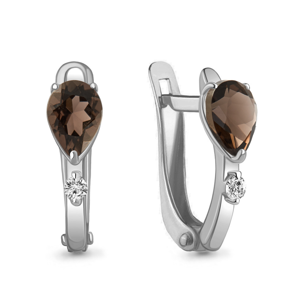 4794101А Серьги из Серебра с кварцами дымчатыми, фианитами
