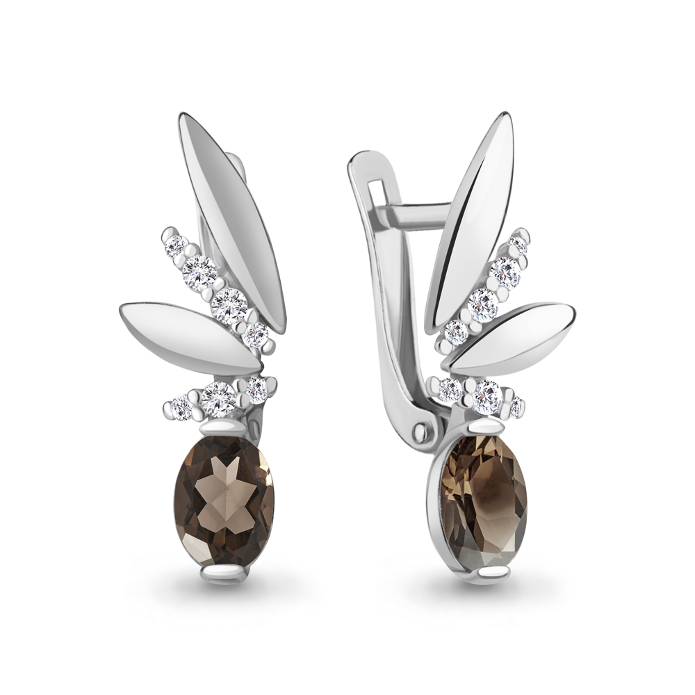 4795101А Серьги из Серебра с кварцами дымчатыми, фианитами
